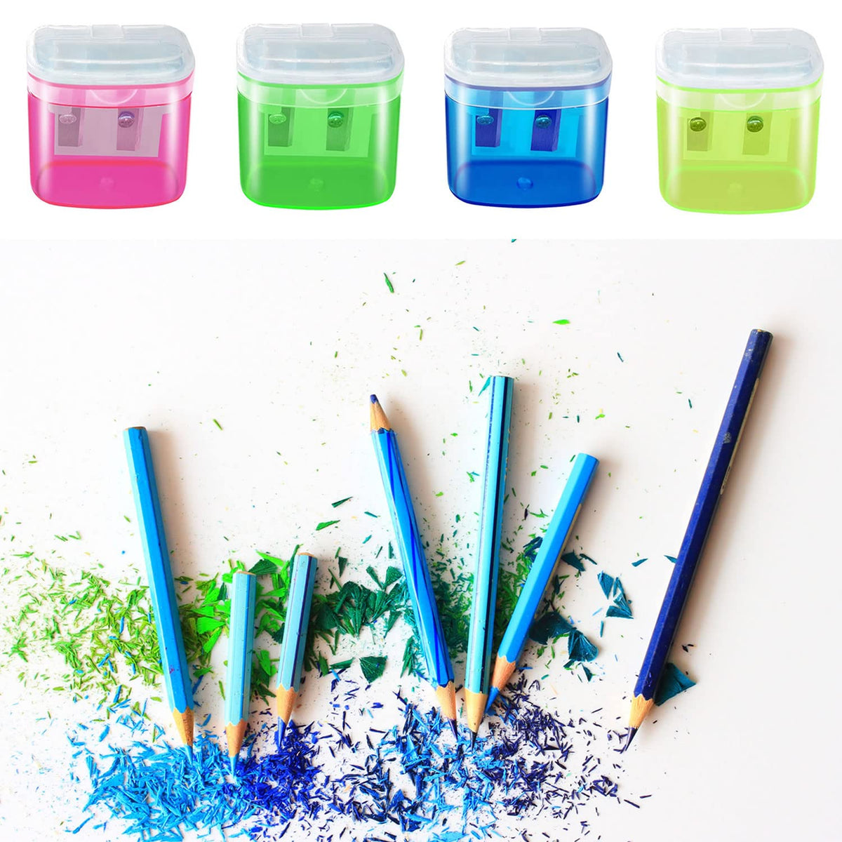 Colorful manual pencil sharpeners with lid in high-quality packaging, perfect for precise sharpening. Available at Curat Cart.