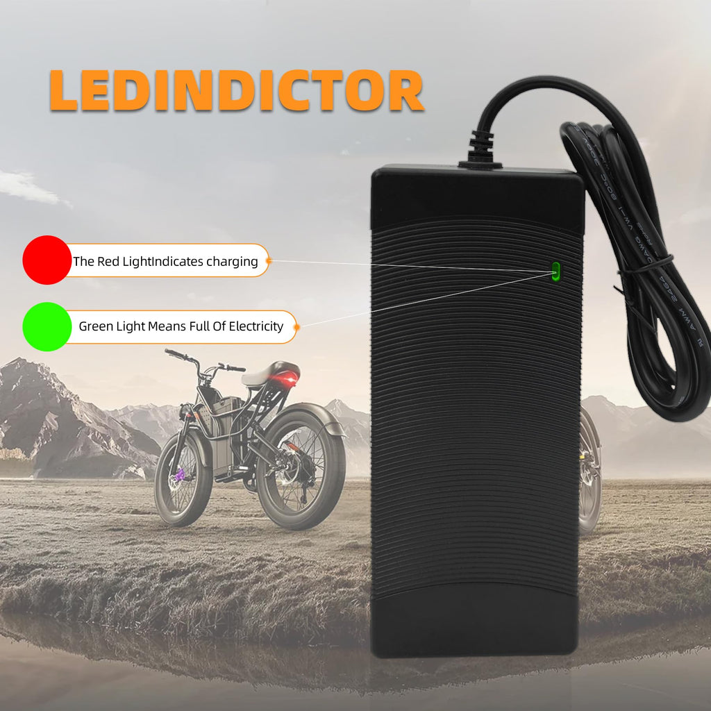 Premium Electric Bike Charger 54.6V 2A in high-quality packaging, featuring LED indicators for charging status. Available at Curat Cart.