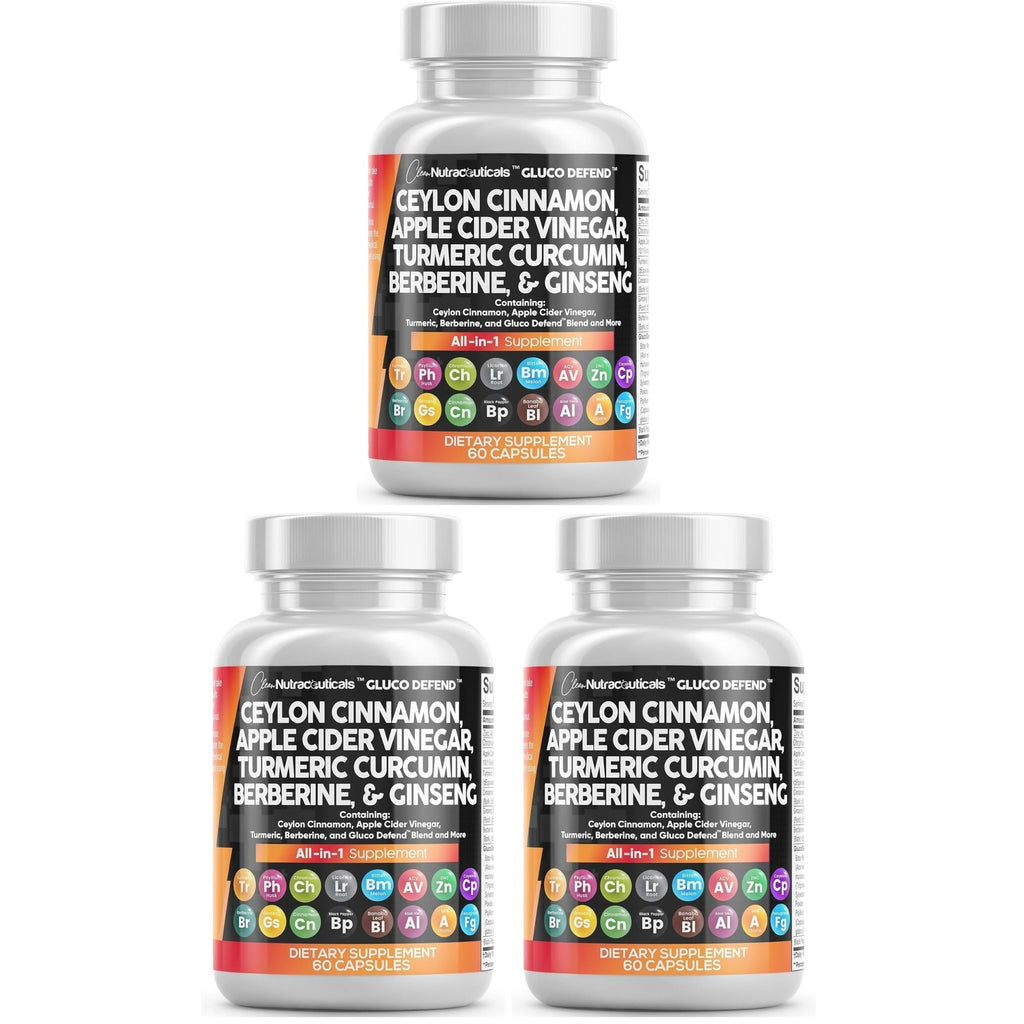 Ceylon Cinnamon Capsules + Apple Cider Vinegar Turmeric Berberine Supplement Ginseng Cayenne Pepper Bitter Melon Aloe Vera Fenugreek Milk Thistle Chromium 120 Pills Gluco Defend by Clean Nutra