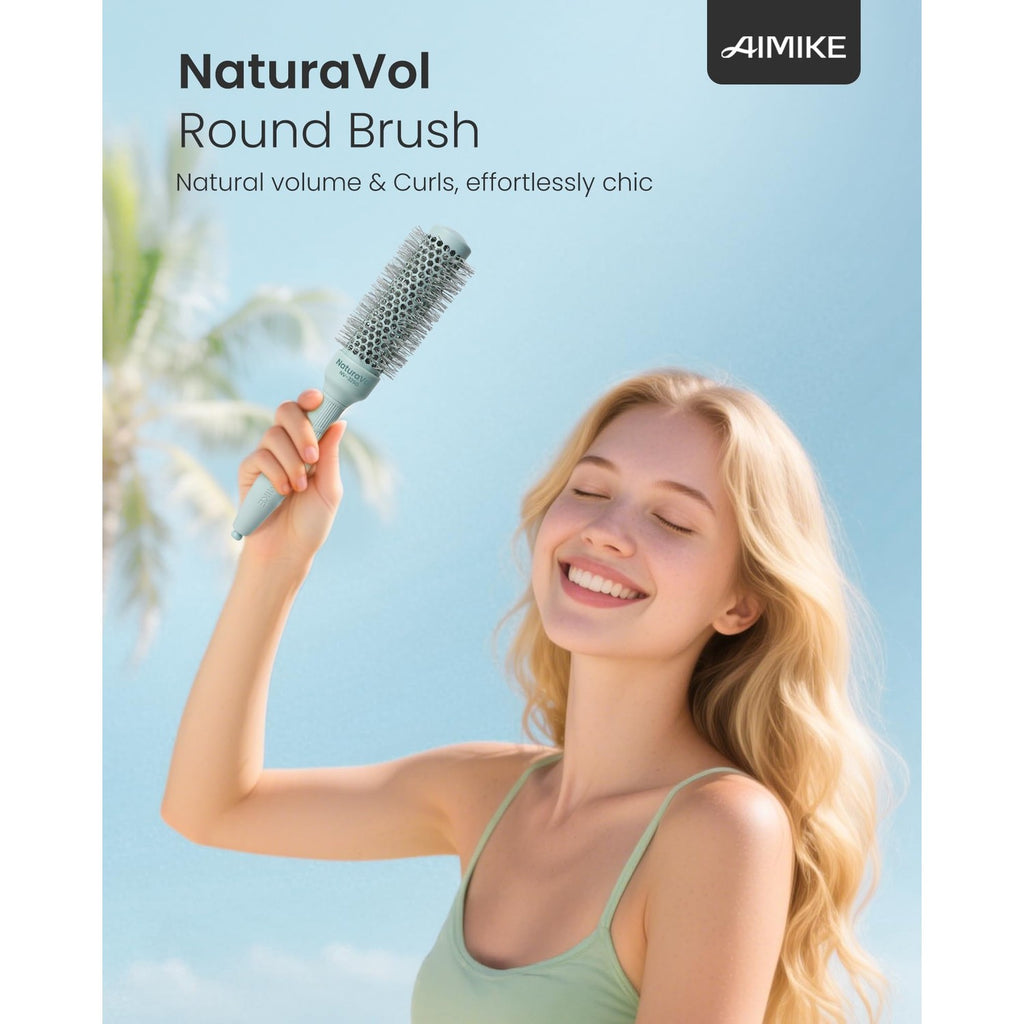 AIMIKE NaturaVol Small Round Brush for Blow Drying Short Hair and Bangs | 1.3"Barrel (2.1" with Bristles), Nano Thermal Ceramic Tech for Blow Out, Round Hair Brush for Smooth & Curl Styling At Home