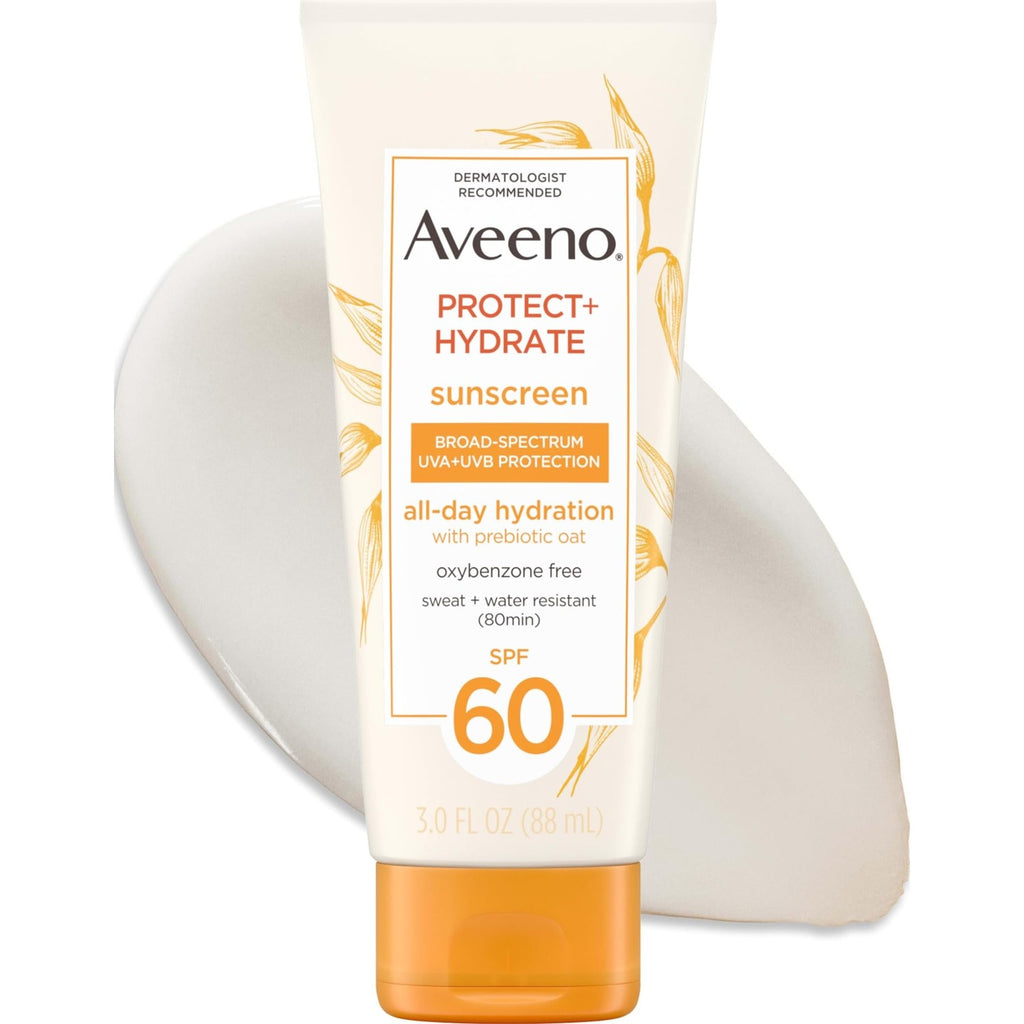 Aveeno Protect + Hydrate Sunscreen Lotion for Body & Face with Prebiotic Oat, SPF 60 Broad Spectrum Sunscreen, Paraben, & Oil Free, Water & Sweat Resistant (80-min) for Sensitive Skin, 12 FI Oz