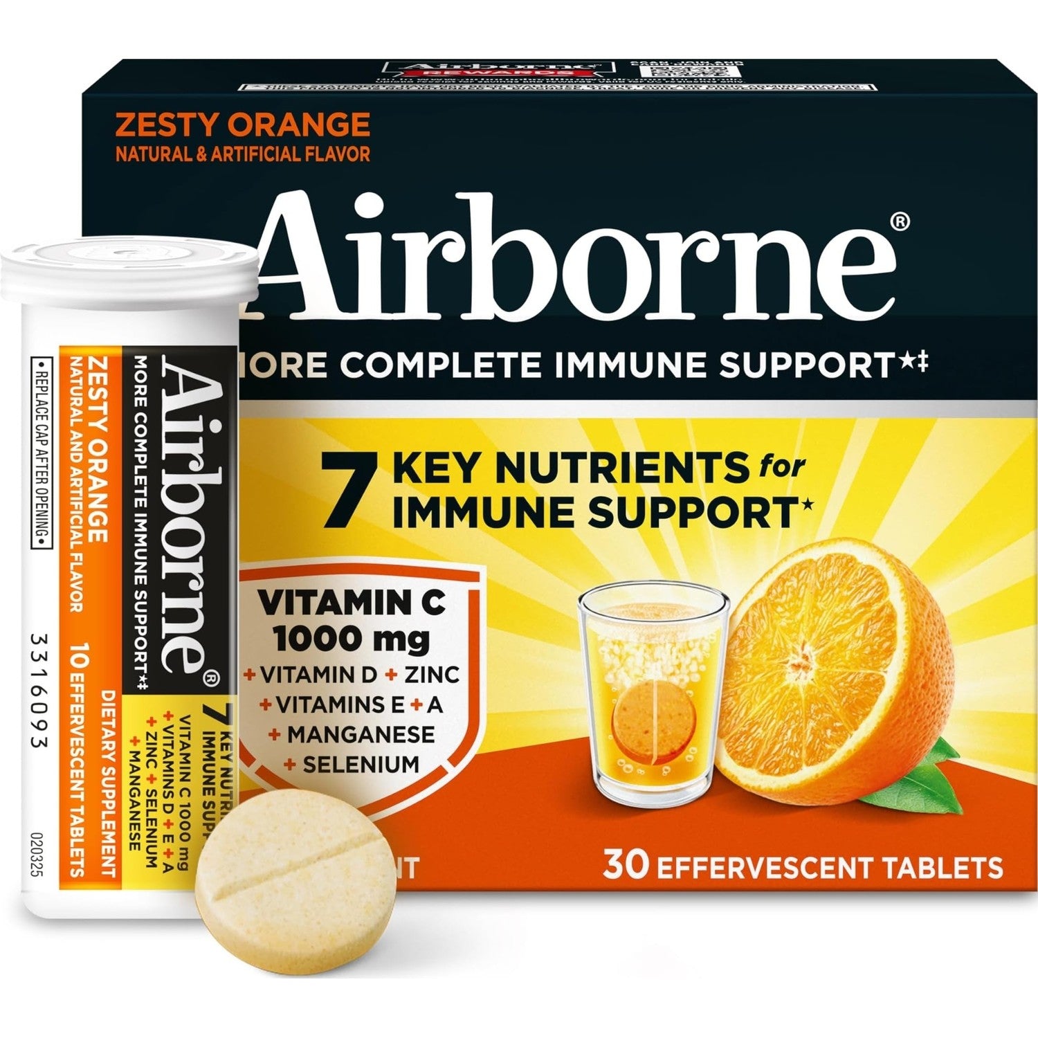 Airborne Immune Support Effervescent Tablets, Zesty Orange Flavor - 30ct with 1000mg Vitamin C + Vitamins A, D, E, Zinc, Selenium, Manganese & Herbal Blend - Sugar‑Free, Gluten‑Free
