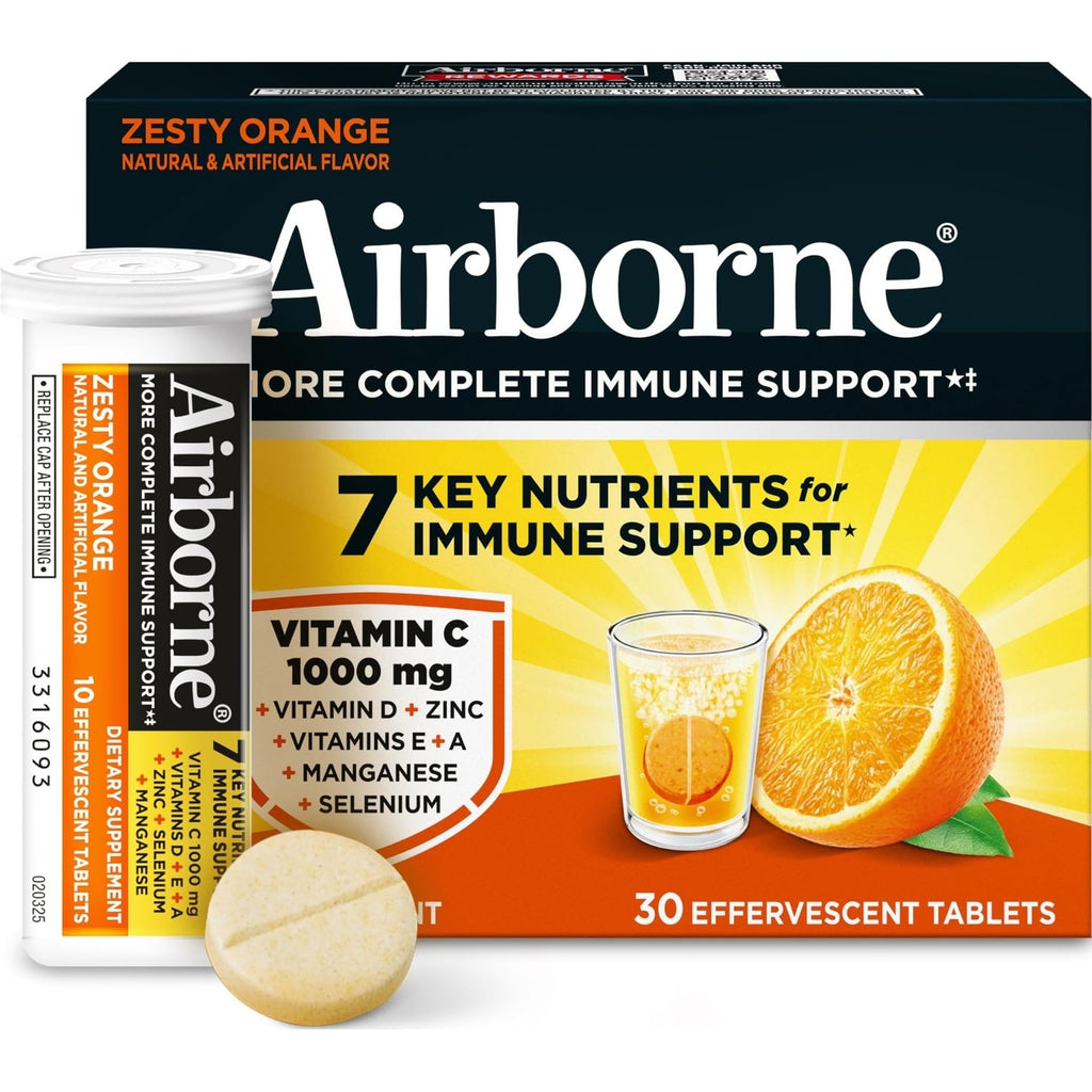 Airborne Immune Support Effervescent Tablets, Zesty Orange Flavor - 30ct with 1000mg Vitamin C + Vitamins A, D, E, Zinc, Selenium, Manganese & Herbal Blend - Sugar‑Free, Gluten‑Free