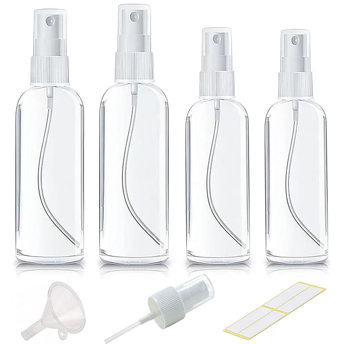 Set of four 100% genuine clear spray bottles with funnel for easy filling. Ideal for travel and liquid storage.