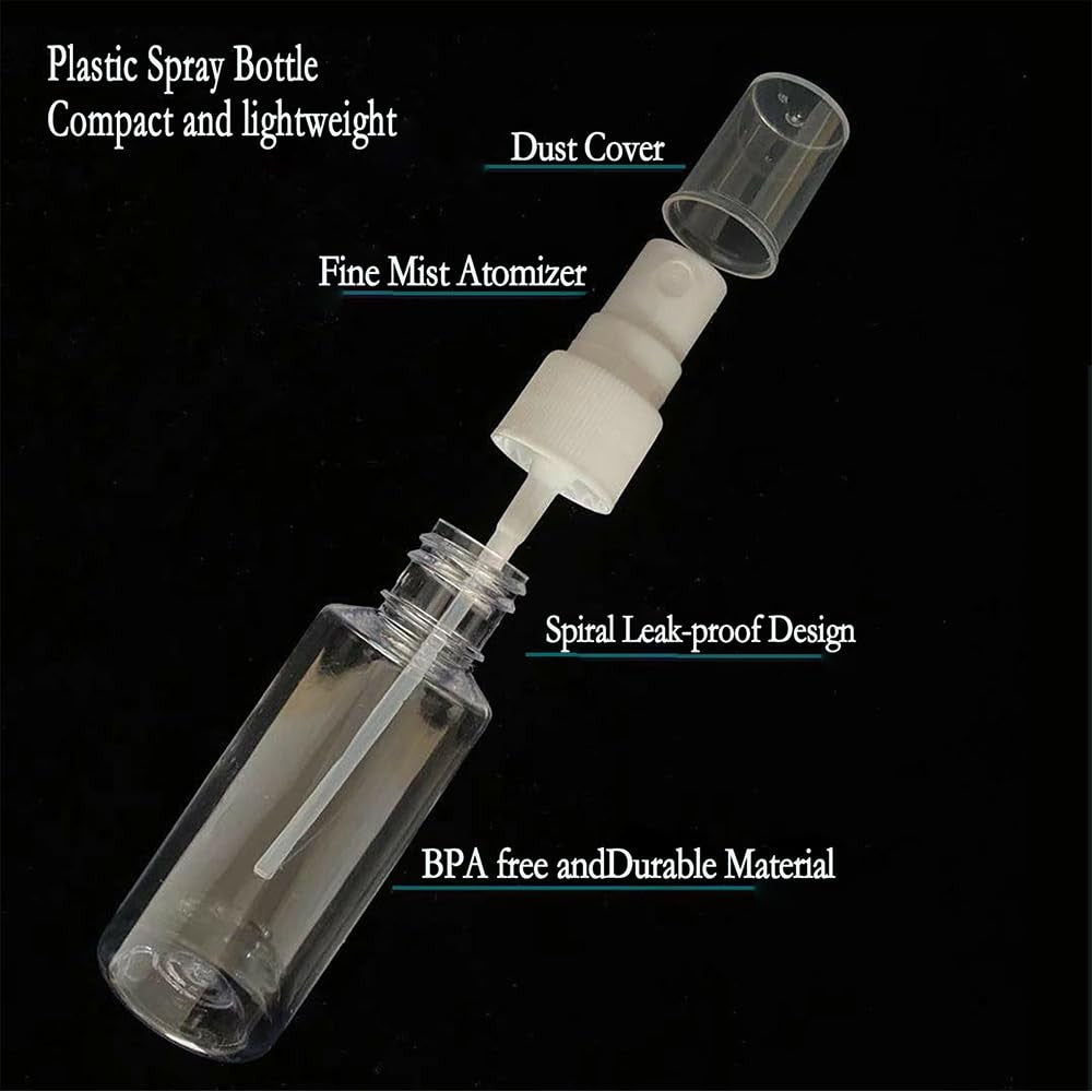 Four clear plastic spray bottles featuring fine mist atomizers, BPA-free design, and a leak-proof spiral structure for easy travel.