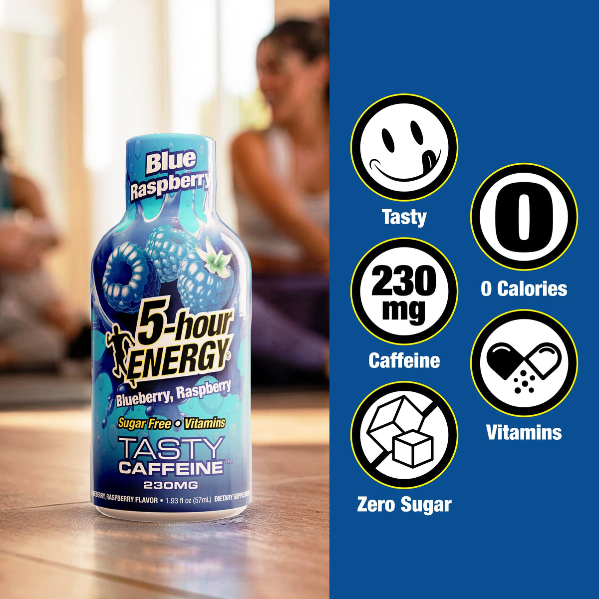 Premium import 5-hour ENERGY Blue Raspberry Energy Shot offers 230 mg caffeine, zero sugar, and vitamins. Available at Curat Cart.