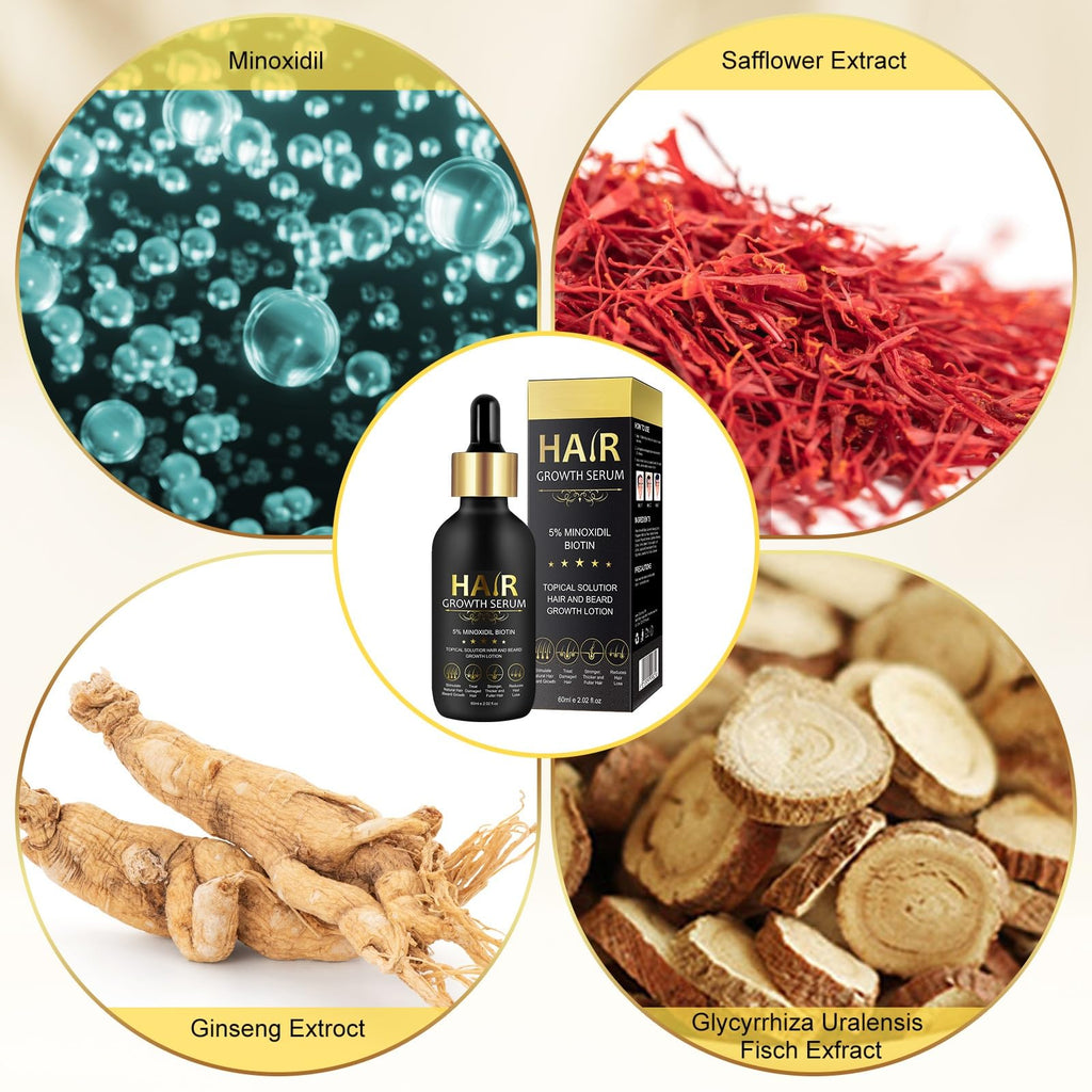 Premium imported Minoxidil Hair Growth Serum with Safflower, Ginseng, and Glycyrrhiza extracts, available at Curat Cart.