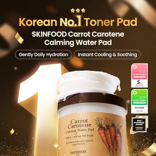 Buy now SKINFOOD Carrot Carotene Toner Pads, Hydrating & Soothing for Dry Skin, Instant Cooling, After Sun & Heat Care, Cotton Facial Toner Pads, Korean Skincare for Face (60 Counts) at indiglob india