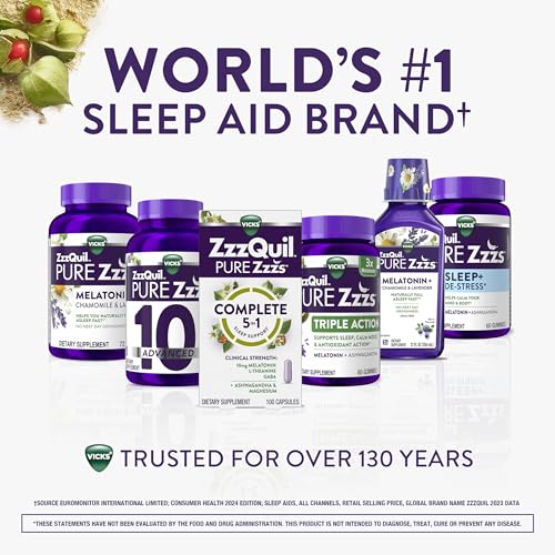 Buy now ZzzQuil Pure Zzzs Complete Sleep, Melatonin 10mg, L-Theanine, GABA, with Ashwagandha, and Magnesium, Melatonin Sleep Aid, 100 Count at indiglob india