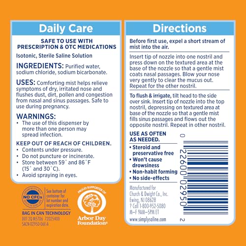 Buy now ARM & HAMMER Simply Saline Daily Care Nasal Mist, Drug-Free Non-Drowsy Saline Spray for Instant Nasal Congestion and Allergy Relief, Use as Often as Needed, Suitable to Use if Pregnant, 1.6 oz at indiglob india