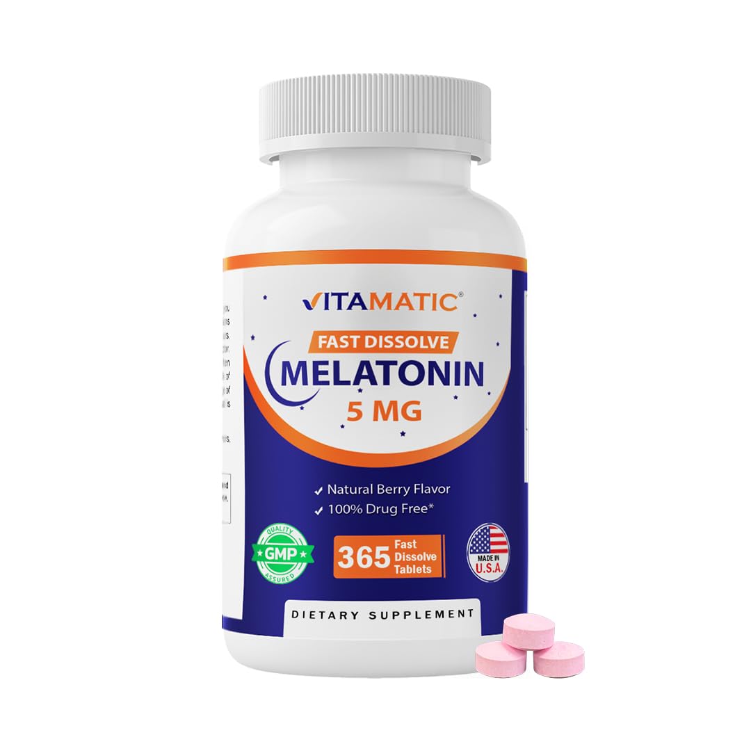 Vitamatic Melatonin 5 mg Tablets | Vegetarian, Non-GMO, Gluten Free | 1 Year Supply | Natural Berry Flavor - 365 Tablets