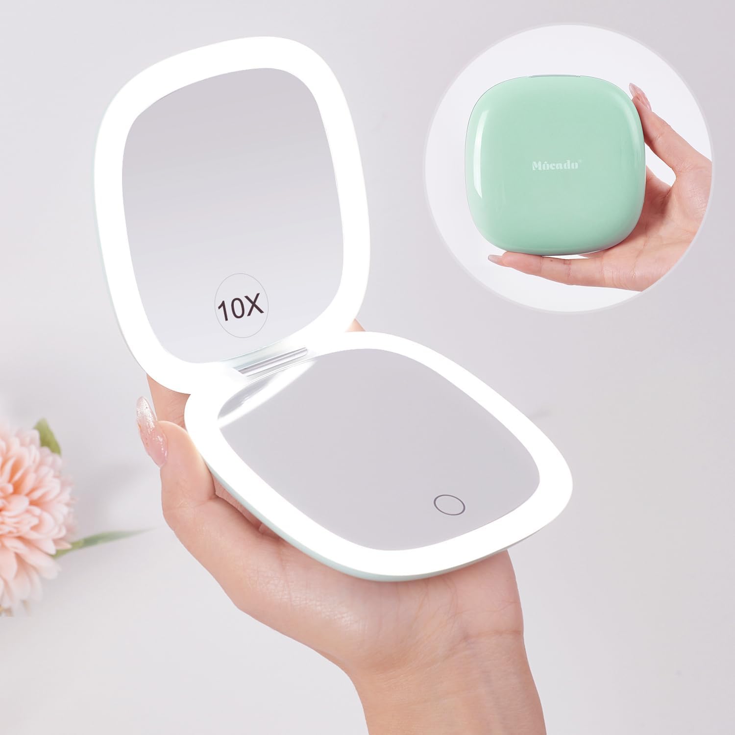 Buy now Mocado Compact LED Magnifying Makeup Mirror 4â€³ â€“ 1X/10X Double-Sided Dimmable Touch Mirror | USB Rechargeable Portable Travel Cosmetic (Rose Gold) Powdery Green at indiglob india