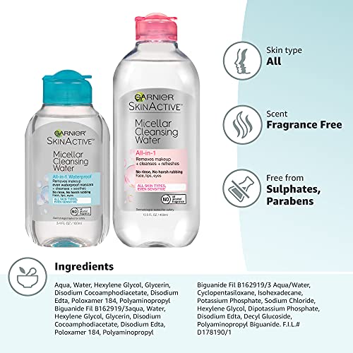 Buy now Garnier Micellar Cleansing Water, For All Skin Types, 13.5 fl oz + Micellar Cleansing Water, For Waterproof Makeup, 3.4 fl oz at indiglob india
