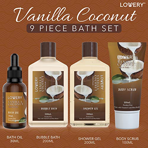 Buy now Gifts For Women Gift Basket for Womenâ€“ 9 Piece Set of Vanilla Coconut Home Spa Set, Luxurious Valentines Day Gifts for Her, Bath and Body Sets Includes Fragrant Lotions, Large Bath Bombs, Coconut Oil at indiglob india