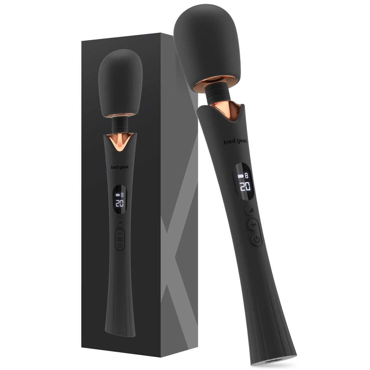 bed geek Cordless Wand Massager – Super Powerful Handheld Massage with 20 Speeds & 8 Patterns, Soft Silicone Head, Quiet Motor, LED Display, Body-Safe & Waterproof Black & Rose Gold