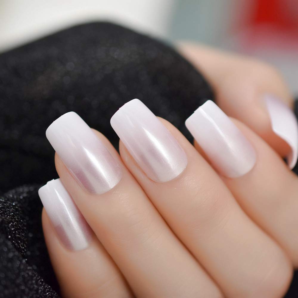 Buy now EchiQ Pearl Shine Glossy Fake Nails Shimmer White Square French Nail Ombre Faux Ongles Gradient Medium Fingernails with Gluetabs at indiglob india