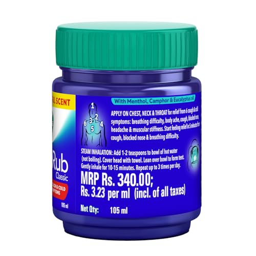 Buy now Vicks Vaporub Relief from Cold, Cough, Blocked Nose, Headache, Body ache, Muscular Stiffness and Breathing Difficulty, 105ml at indiglob india