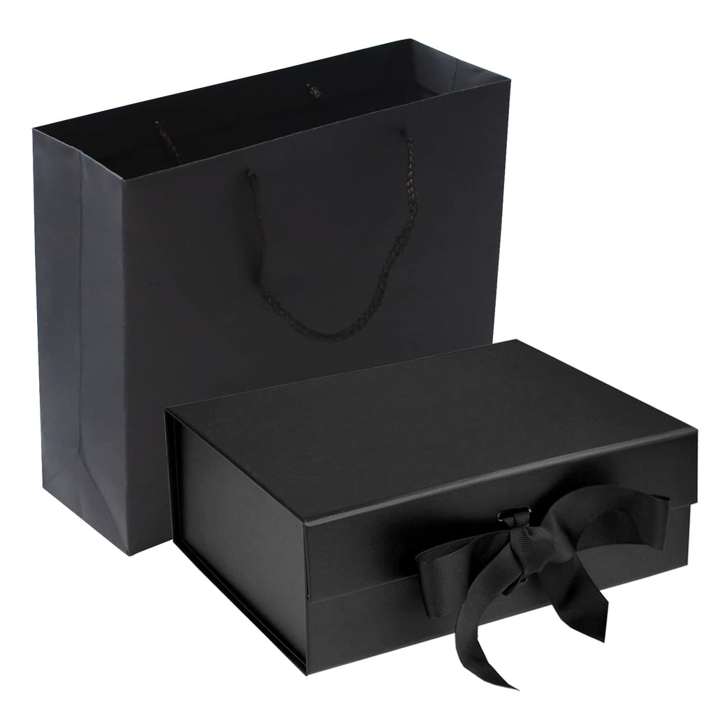 Black Gift Box with Lid, Ribbons & Bag, Medium, 9x7x3 In, Magnetic Closure