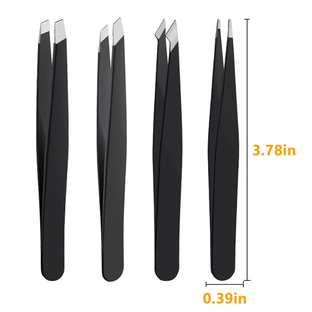 DTDNZKN 4 PCS Stainless Steel Tweezers Set Black | Precision Tweezers for Ingrown Hair, Facial Hair, Splinter, Blackhead and Tick Remover