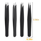 DTDNZKN 4 PCS Stainless Steel Tweezers Set Black | Precision Tweezers for Ingrown Hair, Facial Hair, Splinter, Blackhead and Tick Remover