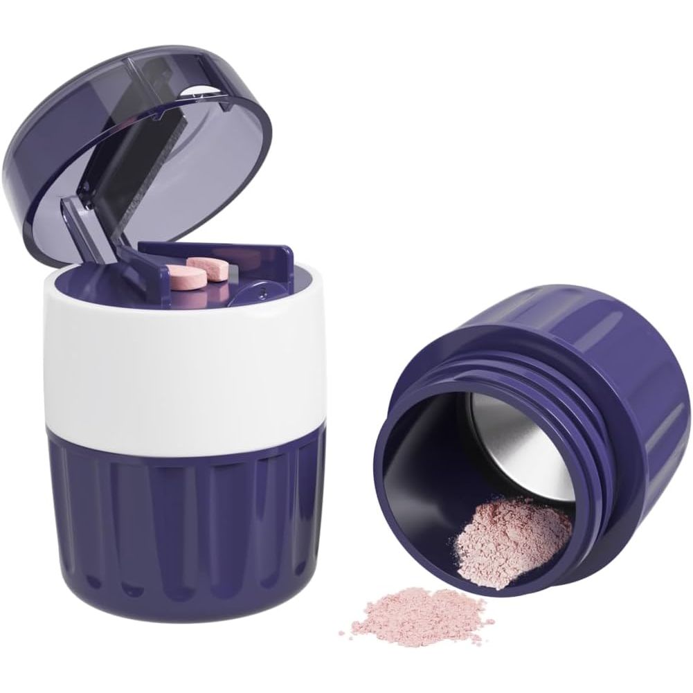 Buy now EZY DOSE 3 Compartment Pill Crusher, Cutter and Grinder, Daily Usage, Safely Cut Pills, Vitamins, Tablets, Accurate and Easy Cutting, Stainless Steel Blade, Removable Drinking Cup, Blue, BPA Free Purple at indiglob india