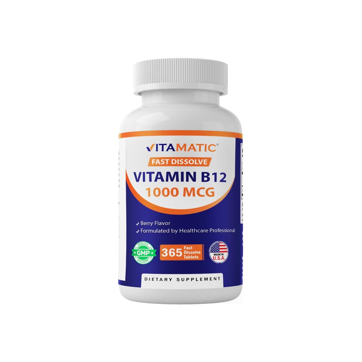 Vitamatic Vitamin B12 1000 mcg Fast Dissolve – 365 Tablets – Natural Berry Flavor – Supports Energy Metabolism & Nervous System Health