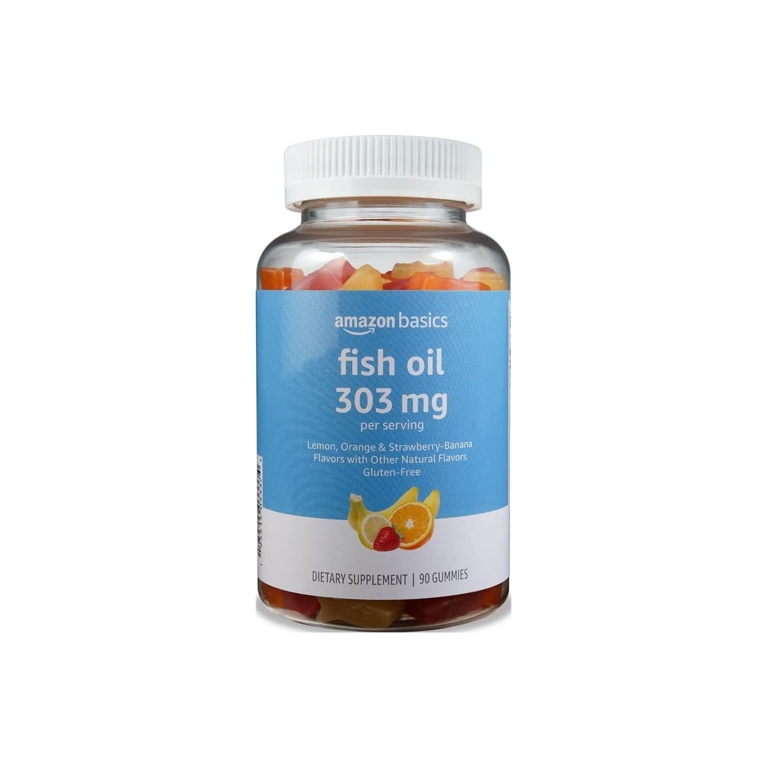 Amazon Basics Fish Oil 303 mg, Soft Chew Gummies, Lemon, Orange & Strawberry-Banana Flavors, 90 Count, EPA and DHA Omega-3 Fatty Acids (Previously Solimo)