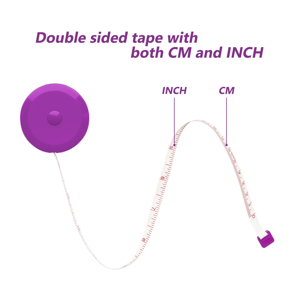 3 Pack Tape Measure Measuring Tape for Body Craft Weight Loss Measurements Retractable 60-inch 1.5 Meter, Small Push Button Dual Sided Tape Measure Body Measuring (Pink Purple Sky Blue)