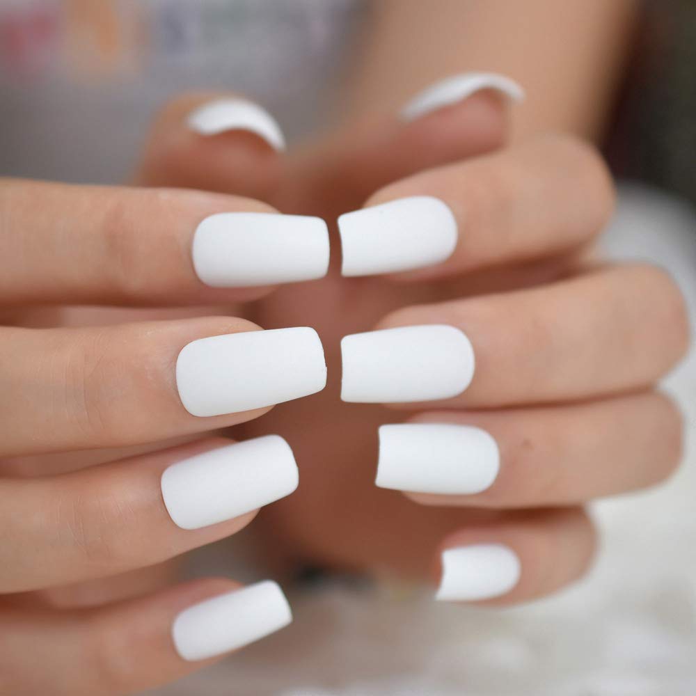 Buy now EchiQ Pearl Shine Glossy Fake Nails Shimmer White Square French Nail Ombre Faux Ongles Gradient Medium Fingernails with Gluetabs L5195 at indiglob india