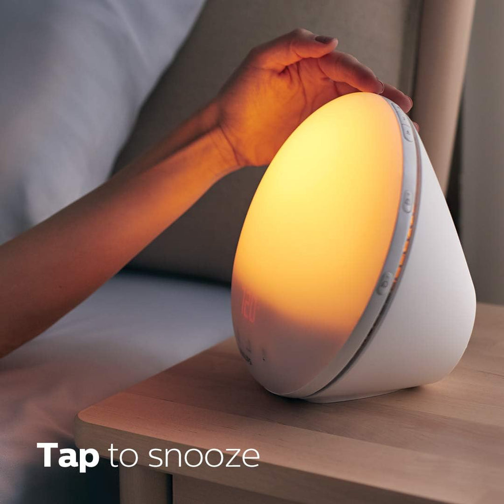 Buy now Philips SmartSleep Wake-up Light, Colored Sunrise and Sunset Simulation, 5 Natural Sounds, FM Radio & Reading Lamp, Tap Snooze, HF3520/60 at indiglob india