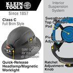 Buy now Klein Tools 60347 Hard Hat, Vented Full Brim, Class C, Premium KARBN Pattern, Rechargeable Lamp, Padded Sweat-Wicking Sweatband, Top Pad at indiglob india