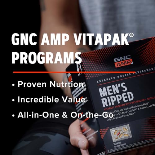 Buy now GNC AMP MenÆ’??s Ripped Vitapak Program, 4 in 1 Product Vitamin Pack, Metabolism & Lean Muscle Tone, Burn Calories, Water Shedding, Adult Multivitamin, Caffeine, CLA, Proven Ingredients, 30-Day Supply at indiglob india