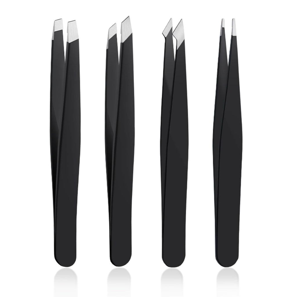 DTDNZKN 4 PCS Stainless Steel Tweezers Set Black | Precision Tweezers for Ingrown Hair, Facial Hair, Splinter, Blackhead and Tick Remover
