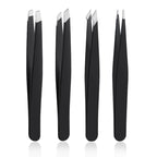 DTDNZKN 4 PCS Stainless Steel Tweezers Set Black | Precision Tweezers for Ingrown Hair, Facial Hair, Splinter, Blackhead and Tick Remover
