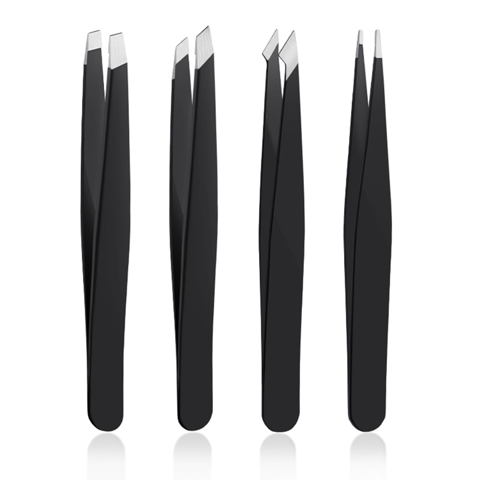 DTDNZKN 4 PCS Stainless Steel Tweezers Set Black | Precision Tweezers for Ingrown Hair, Facial Hair, Splinter, Blackhead and Tick Remover