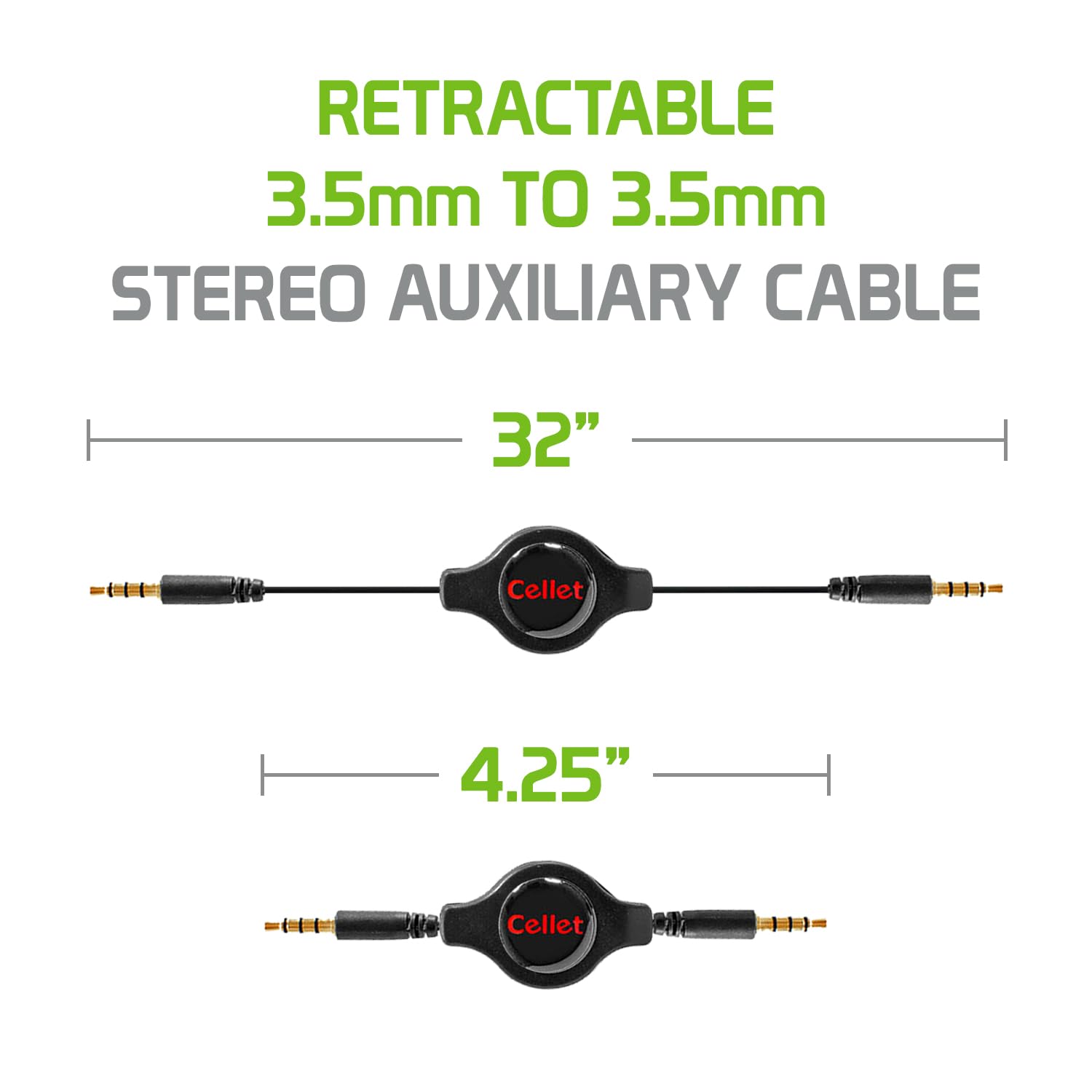 Buy now Cellet Retractable Stereo Auxiliary Cable – 32" Extendable Aux Cord for Car, Headphones, Speakers & More – Compact, Tangle-Free Design – 3.5mm Male to 3.5mm Male Audio Jack – Black at indiglob india