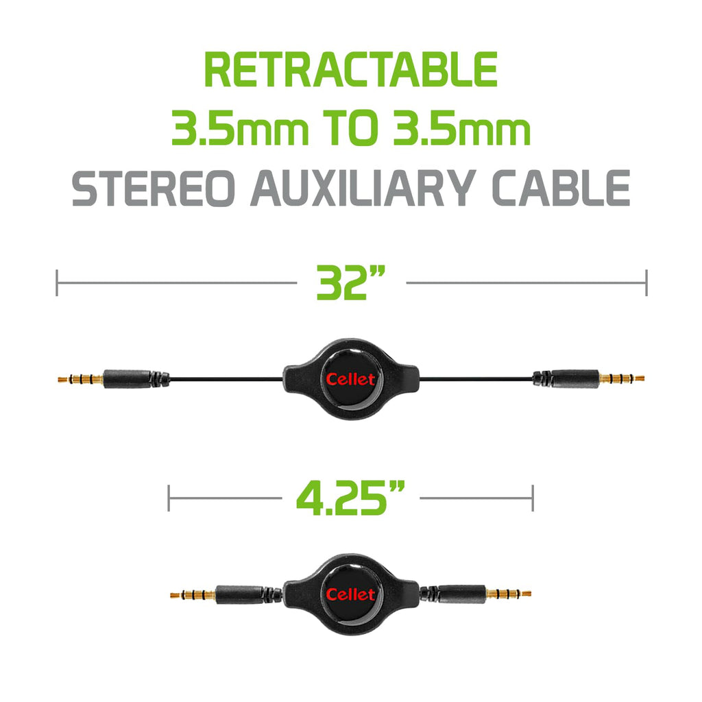 Buy now Cellet Retractable Stereo Auxiliary Cable – 32" Extendable Aux Cord for Car, Headphones, Speakers & More – Compact, Tangle-Free Design – 3.5mm Male to 3.5mm Male Audio Jack – Black at indiglob india
