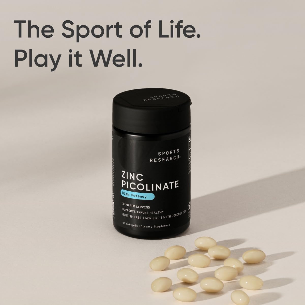 Sports Research® Zinc Picolinate 30mg w/Organic Coconut Oil, 90 Softgels | High Potency Zinc Supplement for Healthy Immune & Enzyme Function - Non-GMO Tested & Gluten-Free, 90 Servings