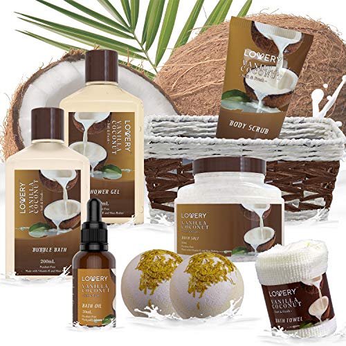 Buy now Gifts For Women Gift Basket for Womenâ€“ 9 Piece Set of Vanilla Coconut Home Spa Set, Luxurious Valentines Day Gifts for Her, Bath and Body Sets Includes Fragrant Lotions, Large Bath Bombs, Coconut Oil at indiglob india