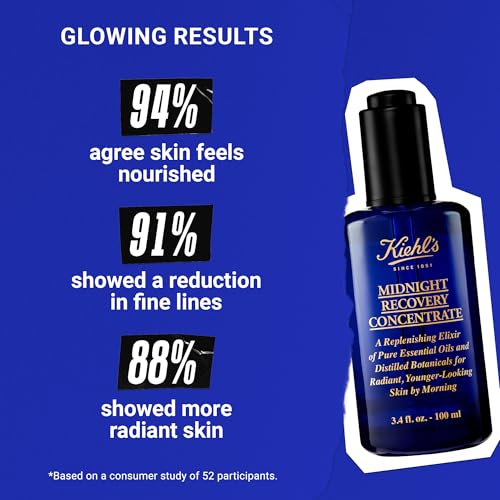 Buy now Kiehl's Midnight Recovery Concentrate Moisturizing Face Oil, Lightweight Facial Serum, Restores Skin Radiance Overnight, Reduces Fine Lines, Refines Skin Texture, 99.4% Naturally Derived - 3.4 fl oz at indiglob india