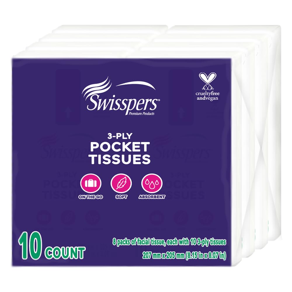 Swisspers Pocket Tissues, 3-Ply White, 10 per Pack (Pack of 8)