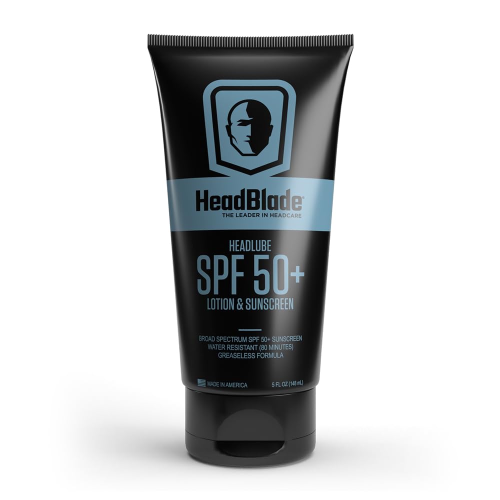 HeadBlade HeadLube SPF 50 Men's Lotion and Sunscreen - No Greasiness, Sweat Resistant, Formulated for Face, Body & Scalps - Water Resistant for 80 Minutes, 5 fl oz