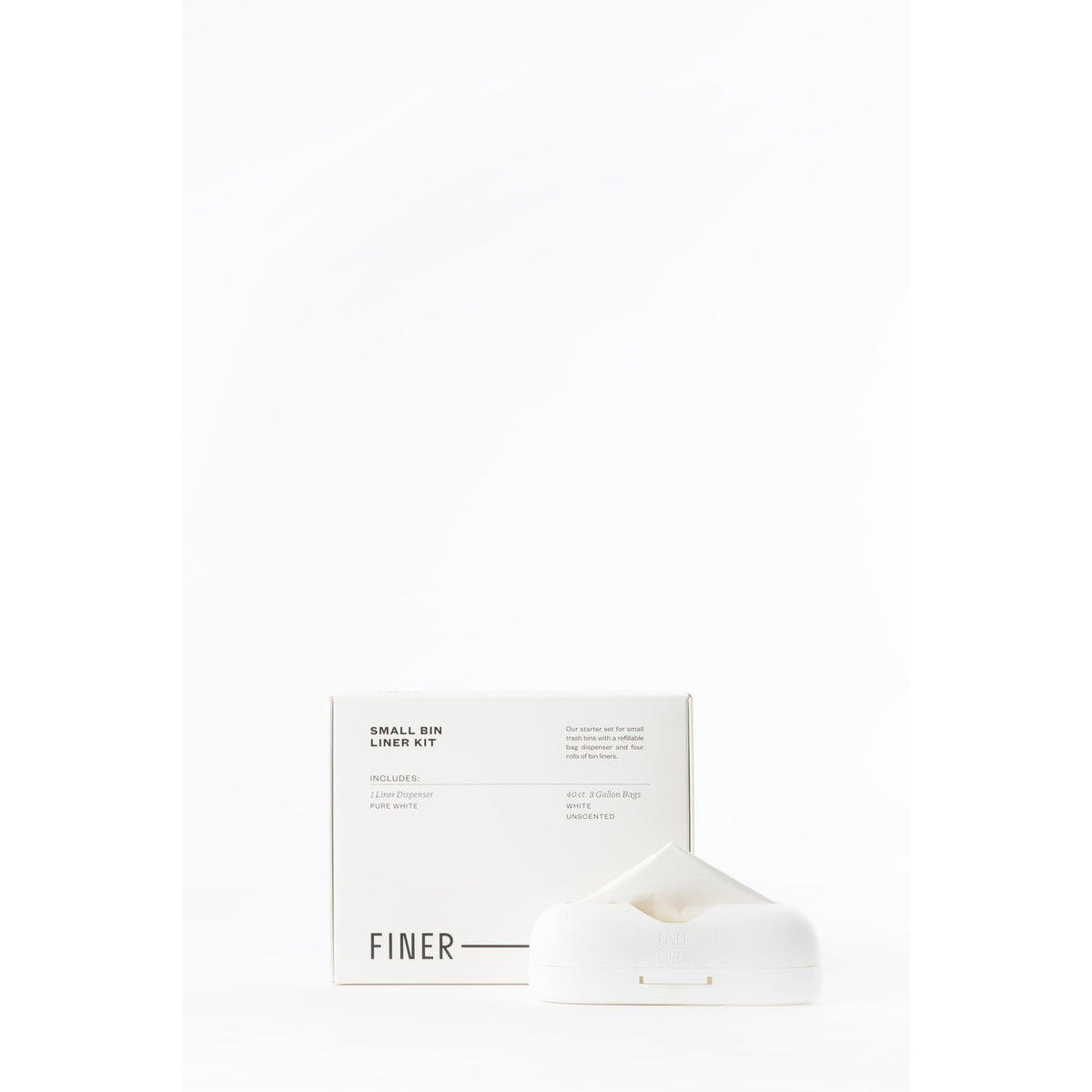 FINER LINER Small Bin Liner Kit, Includes 1 Refillable Dispenser & 4 rolls of unscented trash bag liners (40 count total), Fits up to 3 gallon small trash cans