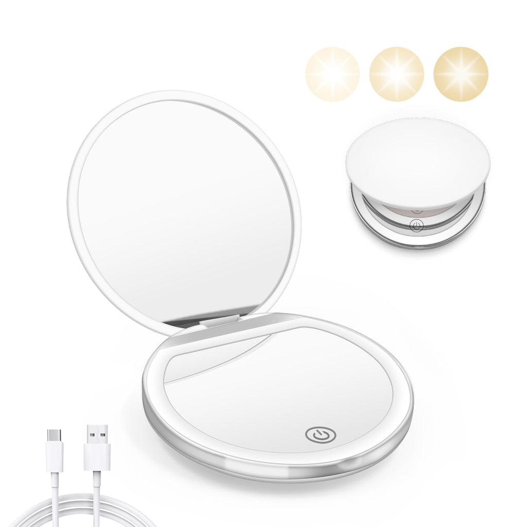Black Compact Mirror with Light, 1X/3X Magnification LED Pocket Mirror | USB Data Cable, Mini, Purse, Pocket, Travel, Gift, makeup, mini, women, essentials, LED, fiberglass
