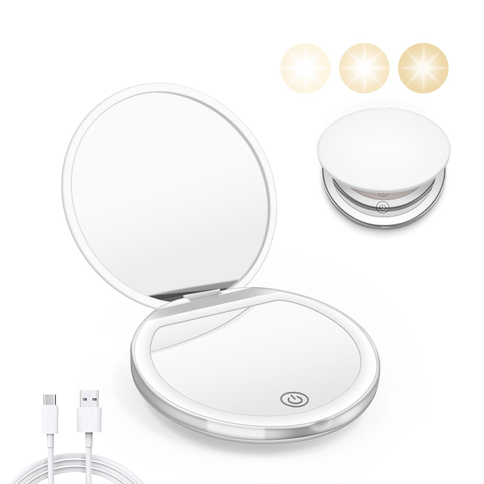Black Compact Mirror with Light, 1X/3X Magnification LED Pocket Mirror | USB Data Cable, Mini, Purse, Pocket, Travel, Gift, makeup, mini, women, essentials, LED, fiberglass