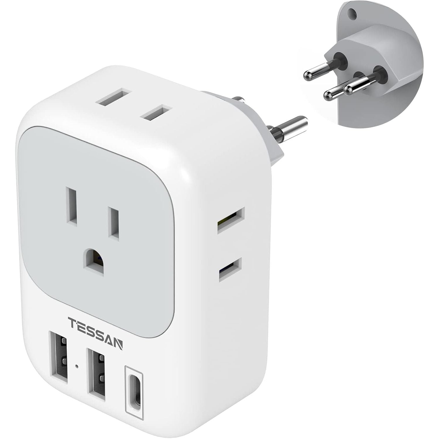 Buy now European Travel Plug Adapter USB C, TESSAN International Plug Adapter with 4 AC Outlets 3 USB Charging Ports, Type C Europe Power Adaptor for US to EU France Germany Iceland Spain Italy Type J-white&grey at indiglob india