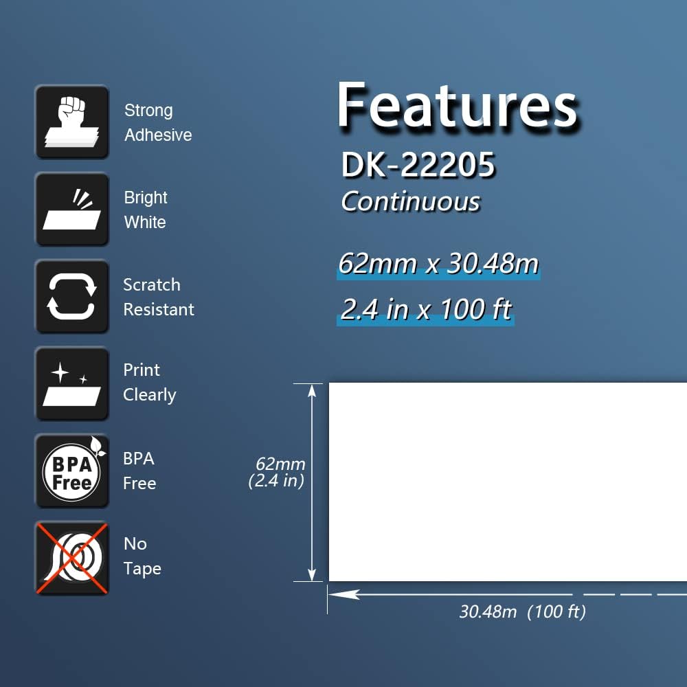 BETCKEY Replace for Brother DK-2205 (2.4 in x 100 ft) Label[10Roll/2Holder]