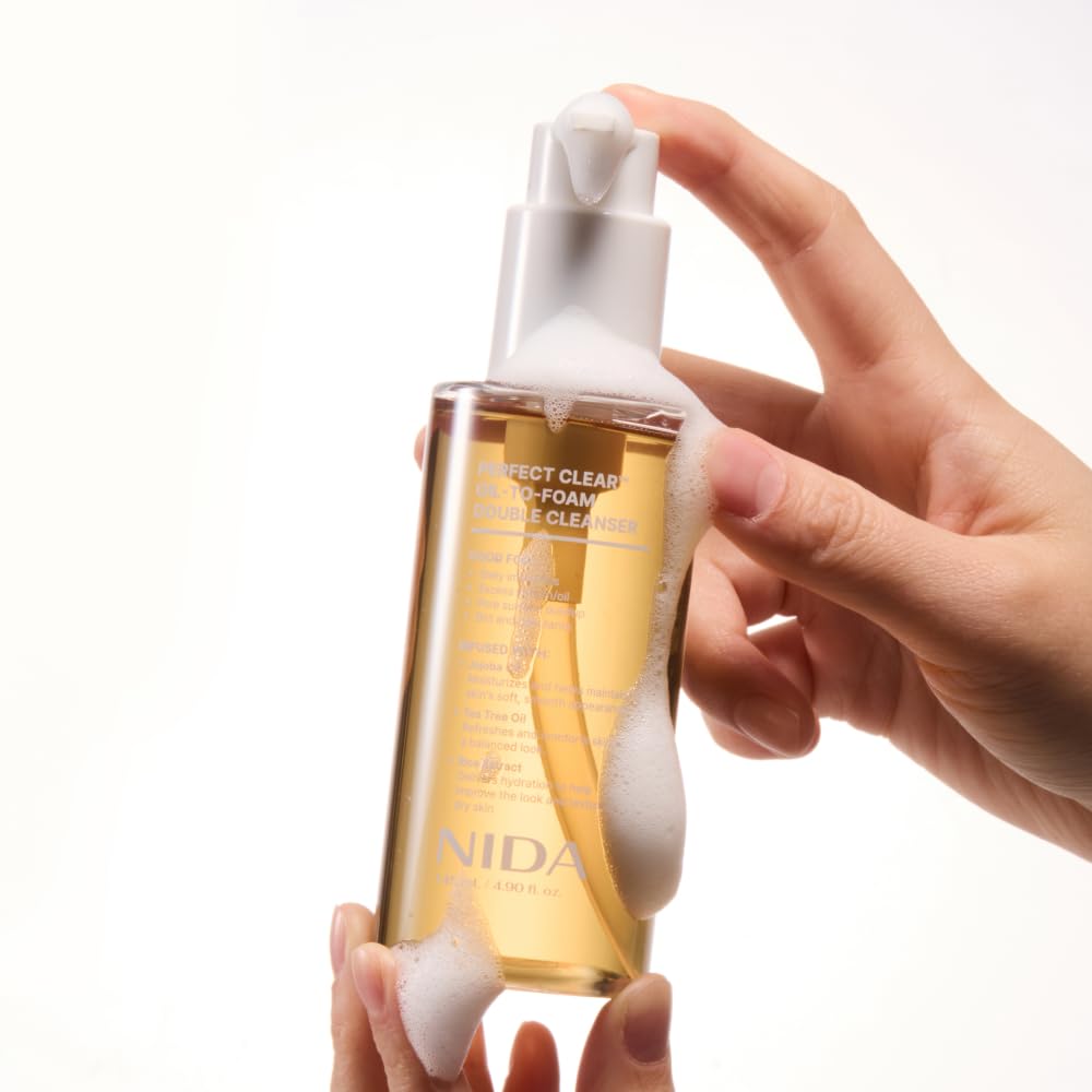 NIDA Perfect Clear™ Oil-To-Foam Double Cleanser | Jojoba Oil, Tea Tree Oil, Rice Extract | Good for Daily Impurities, Excess Sebum, Pore Cleaning, Blackheads, Dirt and Pollutants | 4.90 fl. oz., 145ml