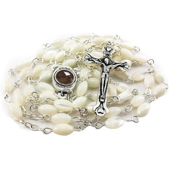 Buy now Nazareth Store Natural Pearl Rosary Beads Catholic Necklace Jerusalem Holy Soil Meda and Silverl Cross Default at indiglob india