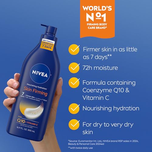 Buy now NIVEA Nourishing Hydration Skin Firming Body Lotion with Q10 and Vitamin C, 72-Hour Body Moisturizer for Dry to Very Dry Skin, 16.9 Fl Oz Pump Bottle at indiglob india